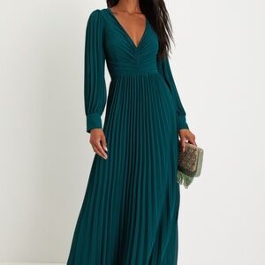 Lulus Sophisticated Grace Emerald Green Pleated Long Sleeve Maxi Dress - Size S
